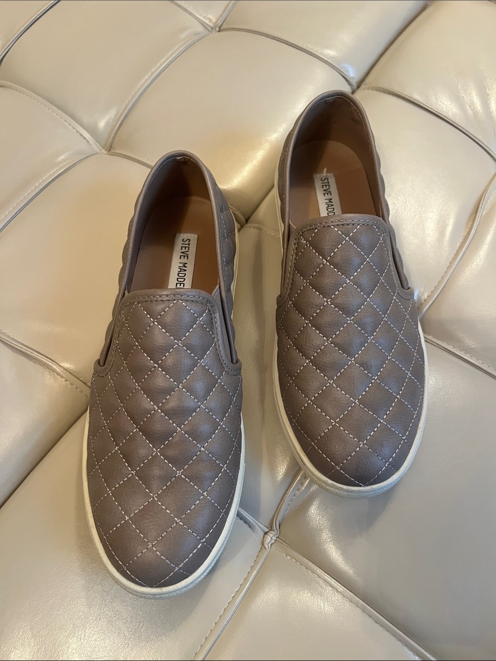 Steve Madden Quilted Slip-On Loafers in Taupe Gray